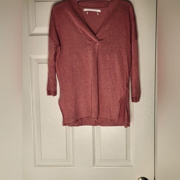 Max Studio M Coral Pink 100% LINEN 3/4 Sleeves Knit V-neck Women’s Top Sweater - Picture 1 of 8